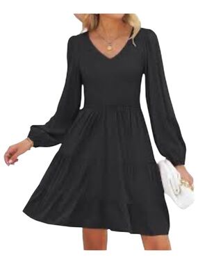 ZESICA BLACKV NECK SMOCKED LONG SLEEVE TIERED MINI DRESS SZ MED EUC